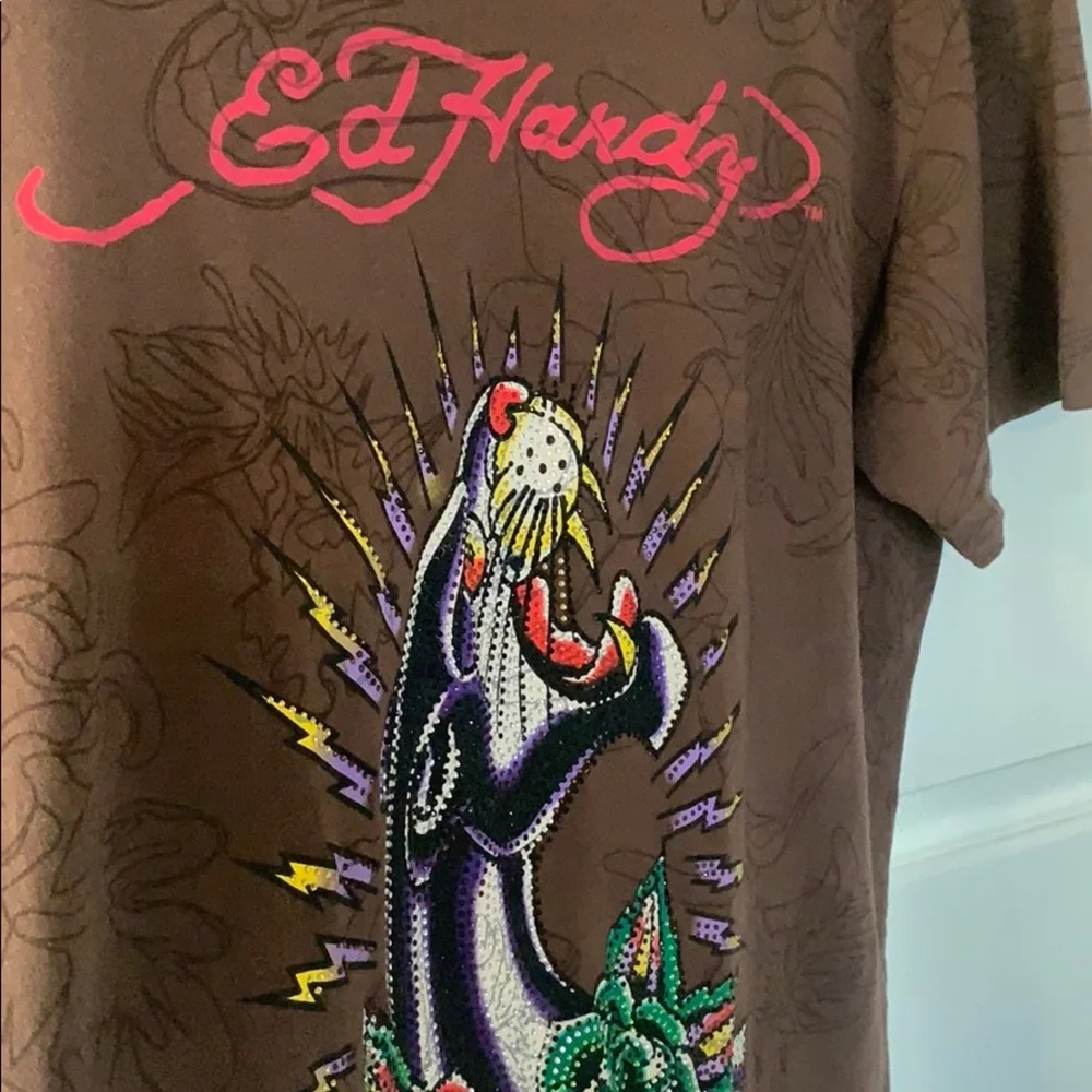 Vintage Ed Hardy Y2K Panther & Rose  sequined T-Shirt - Picture 3 of 9